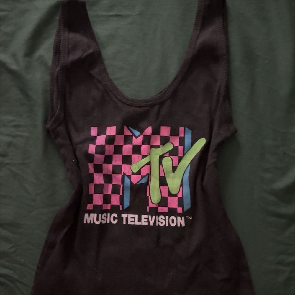 MTV Black Tank Top with Pink and Green Logo